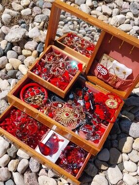 Vintage Jewelry Box Filled with Red Costume Jewelry